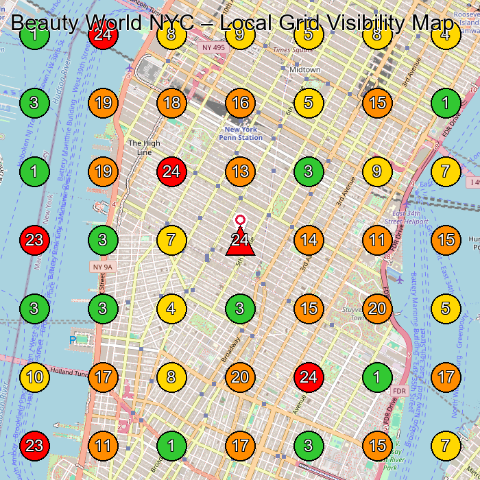 Beauty World NYC Beauty Salon GeoGrid ranking map for New York NY